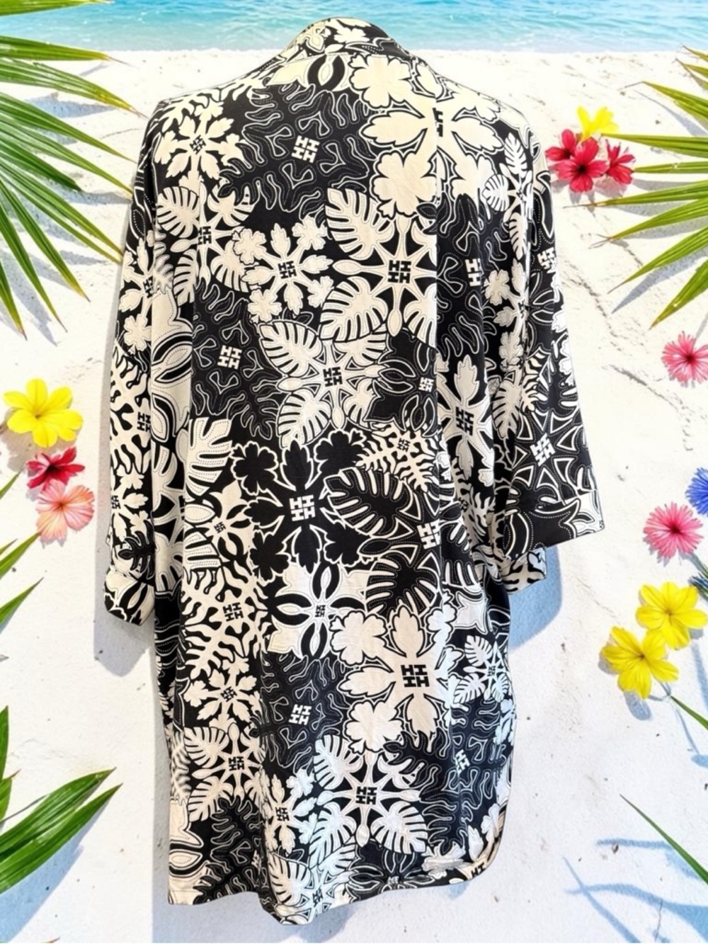 Hawaii's Finest Womens Sz M Kimono Open Cardigan Polynesian Floral Print Wrap - Picture 4 of 14